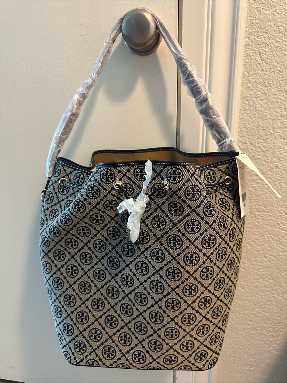 Tory Burch Beige Canvas Logo Bucket Bag with Black Pattern